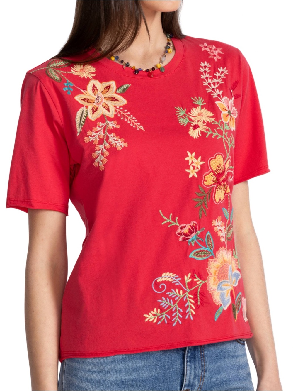 Johnny Was Women’s Size S Red Short Sleeve Multicolor Floral Embroidery T-Shirt
